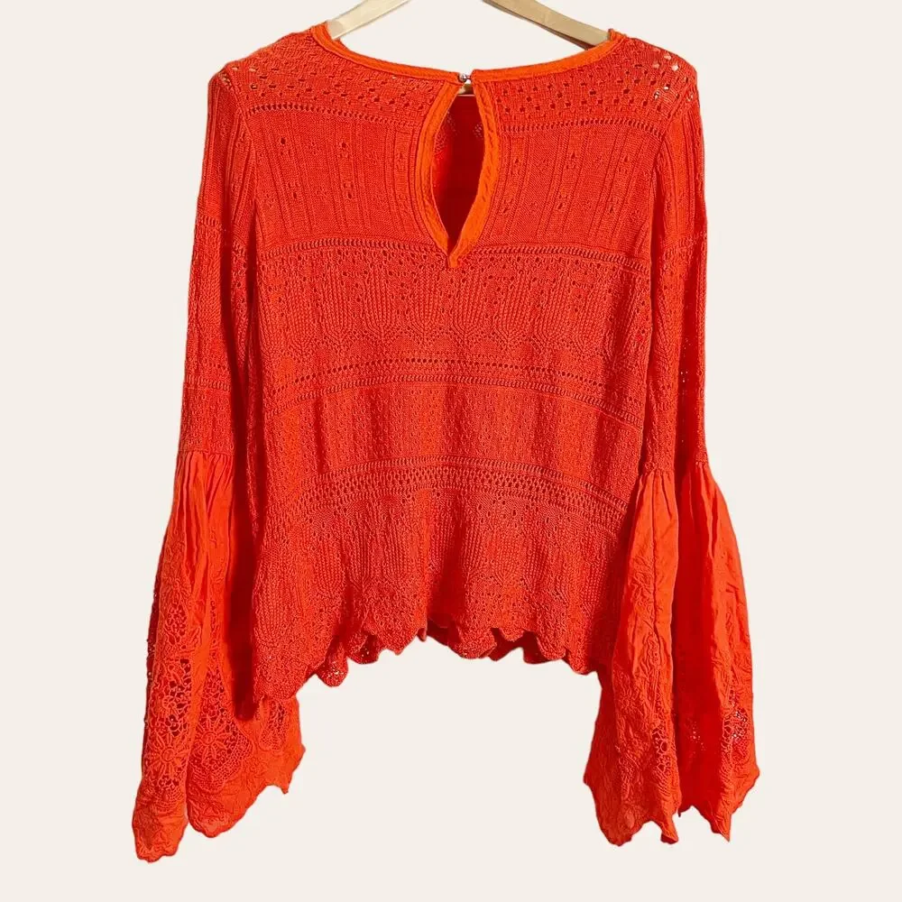 Free People Red Once Upon A Time Linen Crochet Bell Sleeve Top Size M